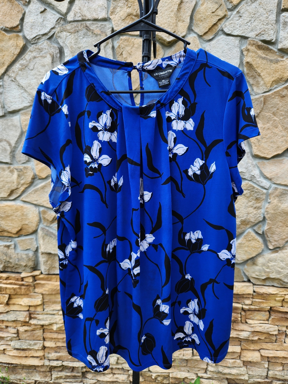 Liz Claiborne Royal Blue Floral Short Sleeve Blouse